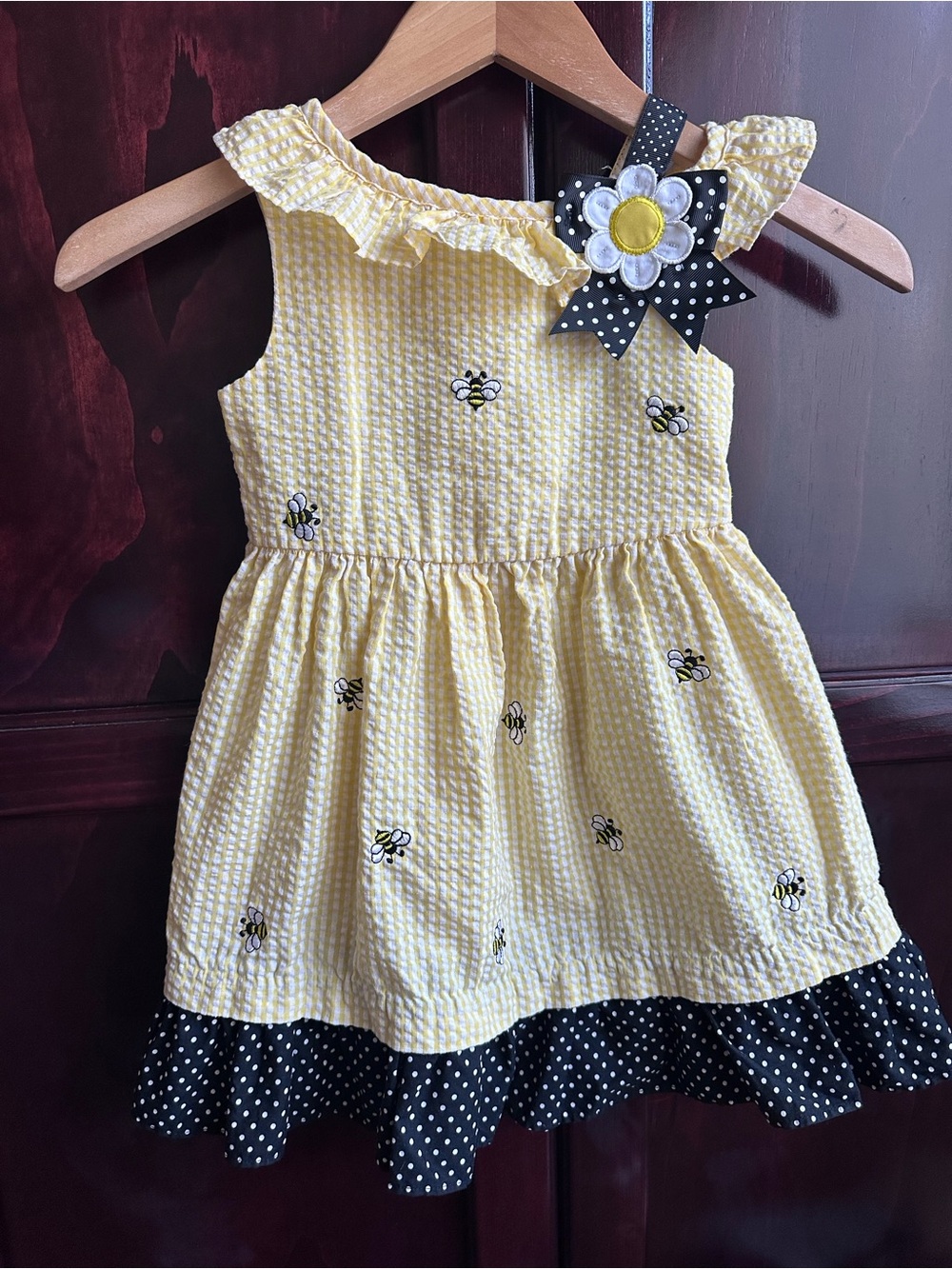 Yellow Bee Print Seersucker Dress with Black Polka Dot Trim - Kids